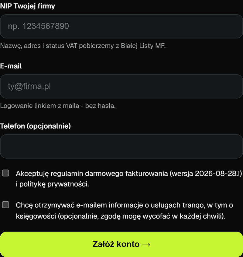 Formularz rejestracji darmowego konta w tranqo: NIP i e-mail