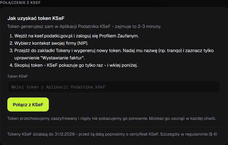 Ustawienia, sekcja Połączenie z KSeF: pole na token