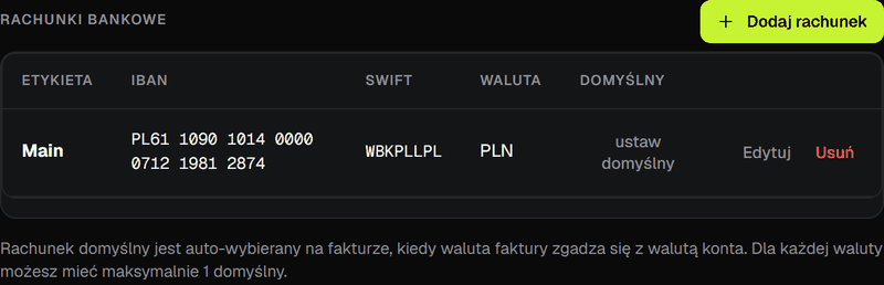 Ustawienia: numeracja faktur i rachunek bankowy